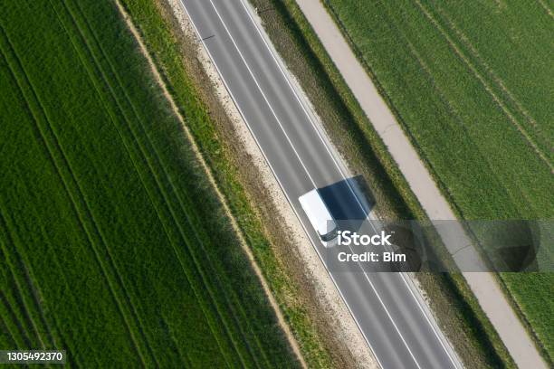 White Delivery Van On The Road From Above Stock Photo - Download Image Now - Van - Vehicle, Delivery Van, Road