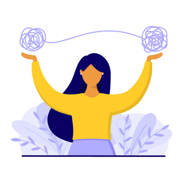 Woman with tangled thread above. Mental health and psychological problems concept. Flat style vector illustration. Woman with tangled thread above. Mental health and psychological problems concept. Flat style vector illustration. personal living stock illustrations