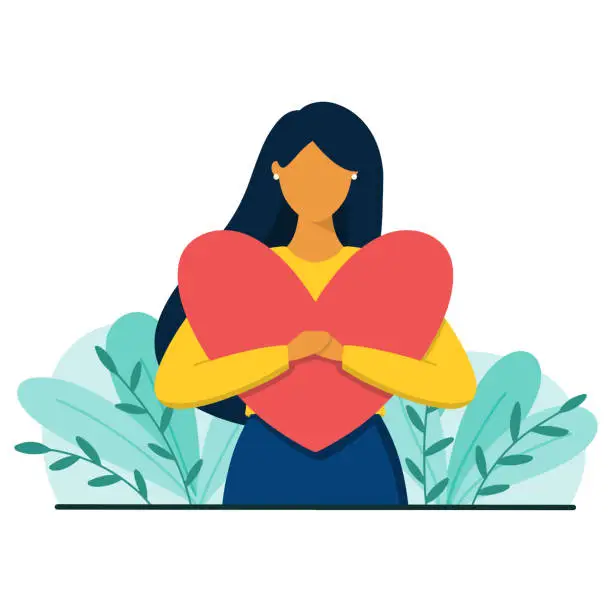 Vector illustration of Woman hugs a big red heart. Mental health, self love or charity concept. Flat style vector illustration.