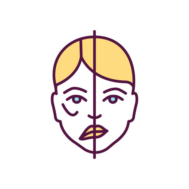 Facial paralysis RGB color icon Facial paralysis RGB color icon. Moving face muscles inability. Nerve damage. Trauma, heart stroke, brain tumor. Asymmetric face. Facial drooping, weakening. Bell palsy. Isolated vector illustration distorted face stock illustrations