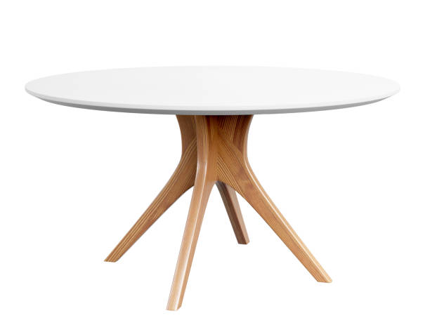 istock Round wooden table with a white counter. Dining table isolated on white background. Clipping path included. 3D render. 1305495313