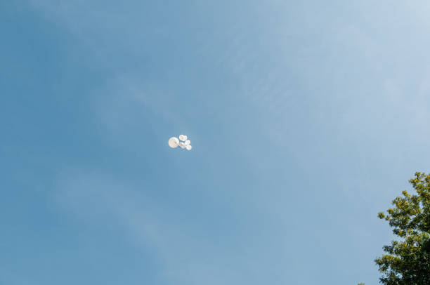 istock White balloons with ribbons in the sky 1305496658