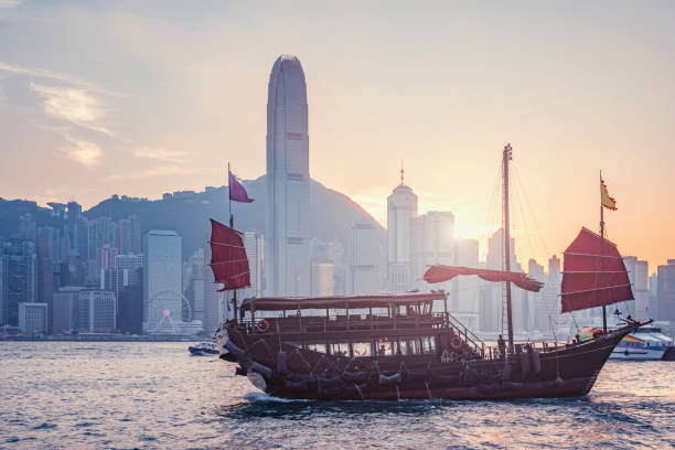 istock Retro ship in Hong Kong harbour. 1305497675