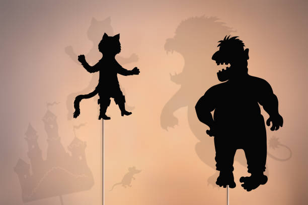 Puss in Boots shadow puppets Shadow puppets of Puss in Boots and Ogre. Puss in Boots storytelling, morph transition stock illustrations
