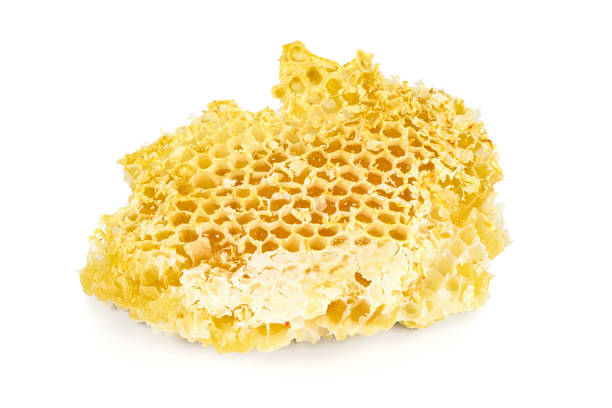 istock Piece of honeycomb on white background 1305501381