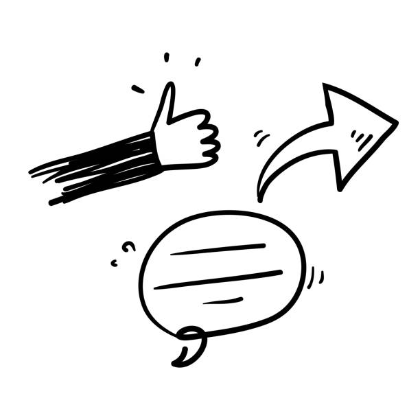 illustrazioni stock, clip art, cartoni animati e icone di tendenza di doodle disegnato a mano pollice in su freccia e bolla simbolo vocale per come condividere e commentare illustrazione - infographic vector sharing arrow sign