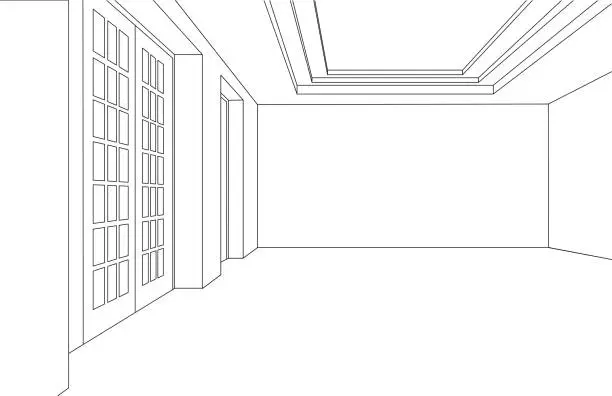 Vector illustration of Line art drawing of empty white room.
