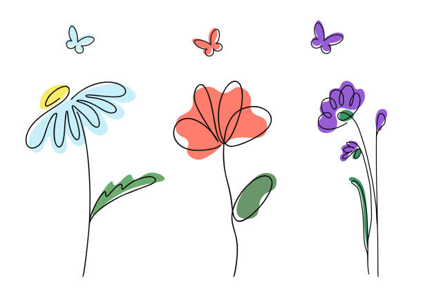 minimalistyczny zestaw kwiatów, modna sztuka liniowa z kolorowymi abstrakcyjnymi kształtami. rysunek jednej linii. chaber, stokrotka, mak i motyle kontury. - wildflower set poppy daisy stock illustrations