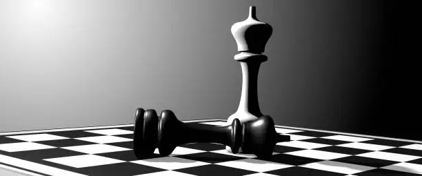 Successful game of chess resulting in checkmate abstract with dark shadows on a black and white board 3d render