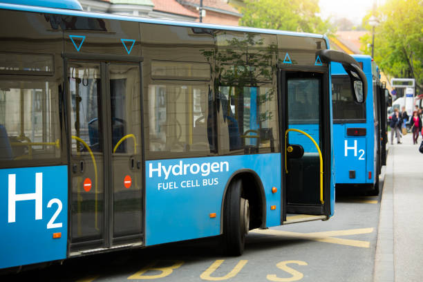 A hydrogen fuel cell buses A hydrogen fuel cell buses stands at the station bus stock pictures, royalty-free photos & images