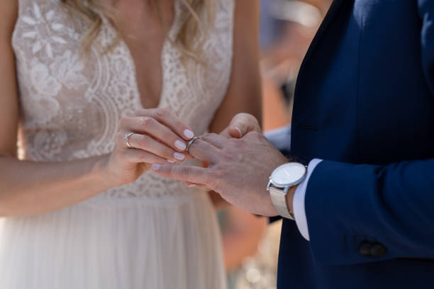 detail wedding couple exchanging rings