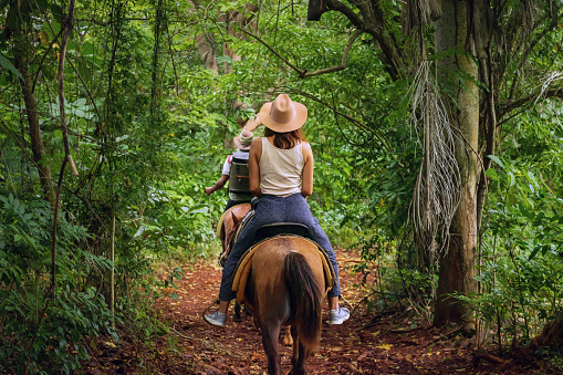 Woman riding horse through tropical forest