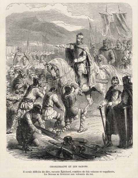 Charlemagne and the Saxon Wars 742-804 CE, French & German History Soldiers bow before Charlemagne on horseback after French troops defeated the Saxons in present-day Germany. French, German, and European History. Illustration published in Cent Recits: D’Histoire De France by Gustave DuCourdray (Librairie Hachette, Paris) in 1887. kneelers stock illustrations