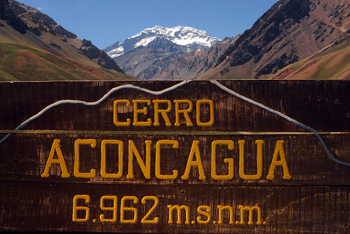 Aconcagua mountain and natural landscape in the Andes in Patagonia, Argentina