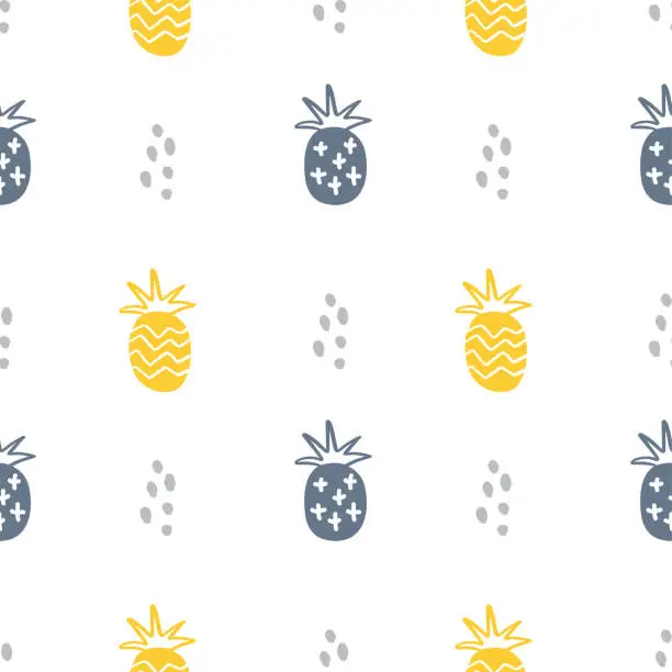 Vector illustration of Summer pastel pineapple seamless design. Pattern for bed linen and apparel. Nordic ananas yellow and pink fun pattern. Cute baby style textile fabric cartoon ornament.