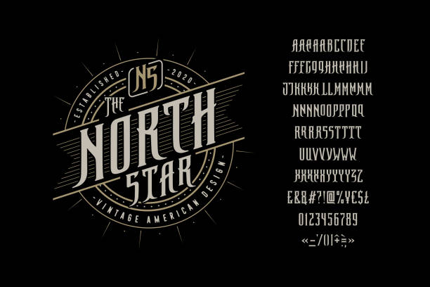 ilustrações, clipart, desenhos animados e ícones de font the north star. ofício retro vintage tipo - whisky