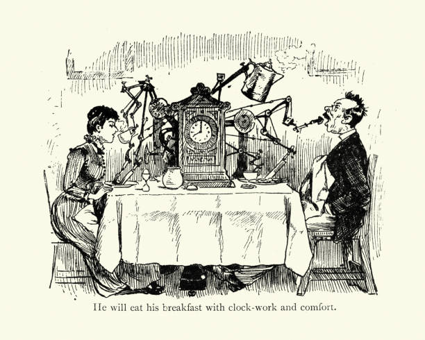 wacky изобретений, часовой завтрак сервер, викторианский мультфильм 19-го века - couple bizarre cartoon men stock illustrations