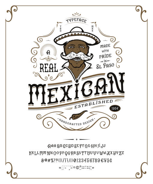Font Mexican. Craft retro vintage typeface design. Font Mexican. Craft retro vintage typeface design. Graphic display alphabet. Fantasy type letters. Latin characters, numbers. Vector illustration. Old badge, label, logo template. tattoo borders stock illustrations