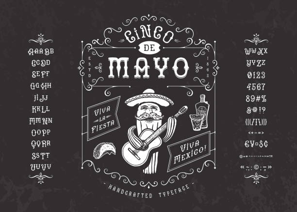 ilustraciones, imágenes clip art, dibujos animados e iconos de stock de fuente cinco de mayo. tipografía vintage retro artesanal - patron tequila