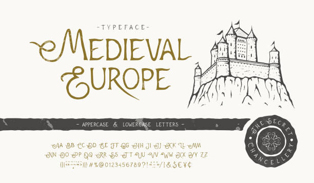 illustrations, cliparts, dessins animés et icônes de font europe médiévale. concevoir la conception rétro de police de caractères. - medieval music