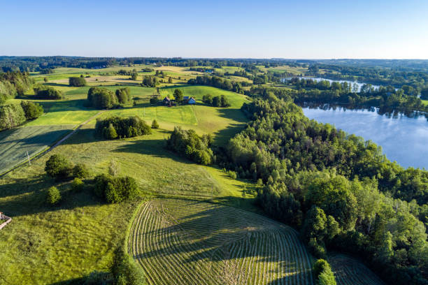 istock Hilly rural landscape pictured from a drone. Sunny summer day. Forests, fields, meadows and a lake in the foreground. 1305514404