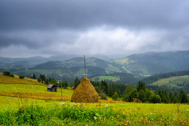 Beautiful mountain landscape with dramatic clouds in Carpathian mountains