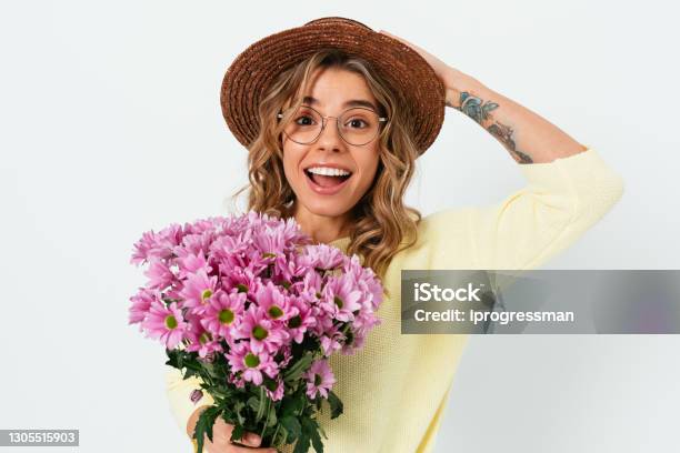 Cheerful Young Woman In Summer Straw Hat Stock Photo - Download Image Now - Springtime, Eyeglasses, Women