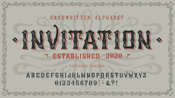 Font Invitation. Craft retro vintage type design Font Invitation. Craft retro vintage typeface design. Graphic display alphabet. Fantasy type letters. Latin characters, numbers. Vector illustration. Old badge, label, logo template. tattoo borders stock illustrations