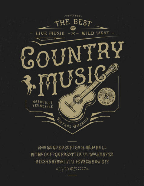 Font Country music. Craft retro vintage typeface Font Country music. Craft retro vintage typeface design. Graphic display alphabet. Fantasy type letters. Latin characters, numbers. Vector illustration. Old badge, label, logo template. guitar designs stock illustrations