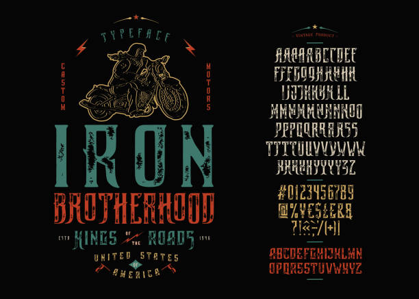 Font Iron Brotherhood Craft retro vintage typeface Font Iron Brotherhood. Craft retro vintage typeface design. Graphic display alphabet. Fantasy type letters. Latin characters, numbers. Vector illustration. Old badge, label, logo template. fantasy font stock illustrations