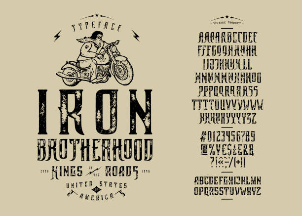 Font Iron Brotherhood Craft retro vintage typeface Font Iron Brotherhood. Craft retro vintage typeface design. Graphic display alphabet. Fantasy type letters. Latin characters, numbers. Vector illustration. Old badge, label, logo template. vintage tattoo styles stock illustrations