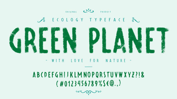 ilustraciones, imágenes clip art, dibujos animados e iconos de stock de planeta verde fuente. tipografía vintage retro artesanal - rubber stamp alphabet typescript grunge
