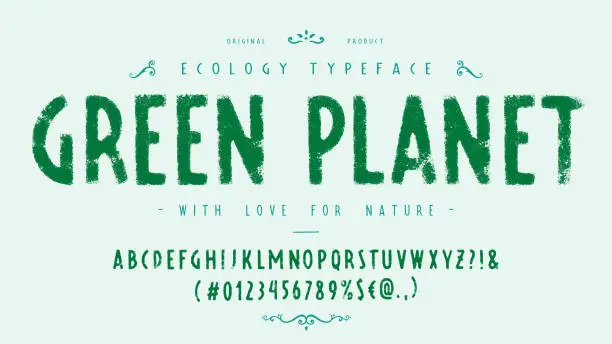Vector illustration of Font Green Planet. Craft retro vintage typeface