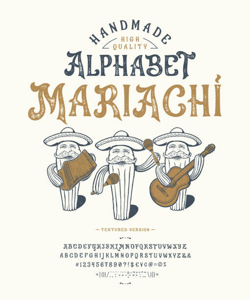 Font Mariachi. Craft retro vintage typeface design Font Mariachi. Craft retro vintage typeface design. Graphic display alphabet. Fantasy type letters. Latin characters, numbers. Vector illustration. Old badge, label, logo template. guitar borders stock illustrations