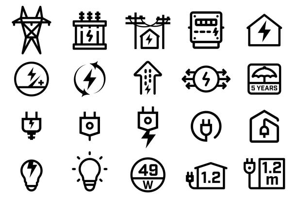 ilustraciones, imágenes clip art, dibujos animados e iconos de stock de consumo de electricidad y generación de energía desde la fábrica eléctrica hasta el hogar y la comunidad. - instalación eléctrica