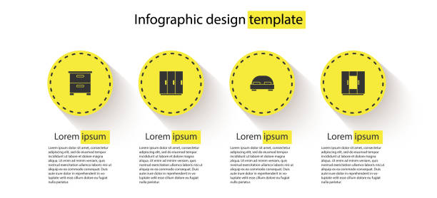 set möbel nachttisch, kleiderschrank, großes bett und . business-infografikvorlage. vektor - door symmetry wood hotel stock-grafiken, -clipart, -cartoons und -symbole