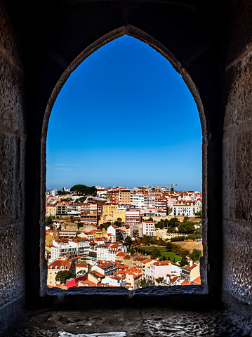 Lisbon, Portugal - October 8, 2019: A view over Lisbon from a window of São Jorge Castle.