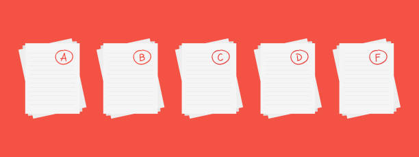Evaluation system. Set of letters and grades of the teacher on paper. Vector flat illustration. Evaluation system. Set of letters and grades of the teacher on paper. Vector flat illustration. A, B, C, D, F exam result score red mark on red background. grading system stock illustrations