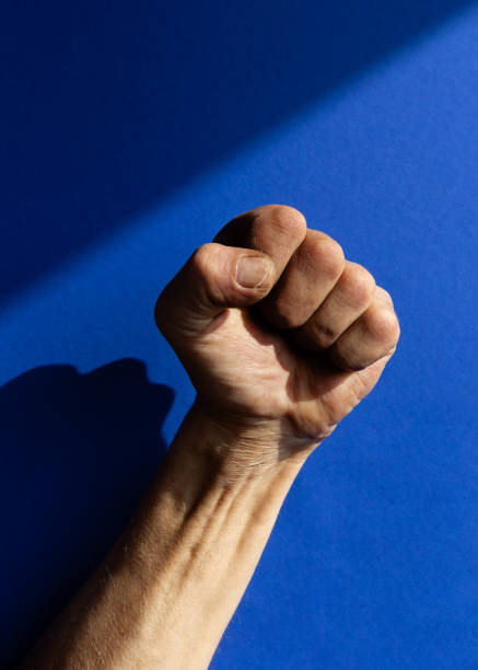 istock Swarthy rough mans hand with clenched fist on blue background. Cesar Chavez Day concept. 1305537499