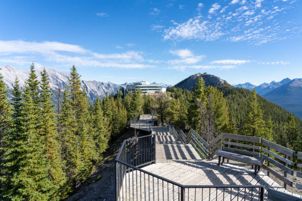 банф гондола саммита станции летом. деревянные лестницы и тротуары вдоль вершины. национальный парк банф - banff gondola стоковые фото и изображения