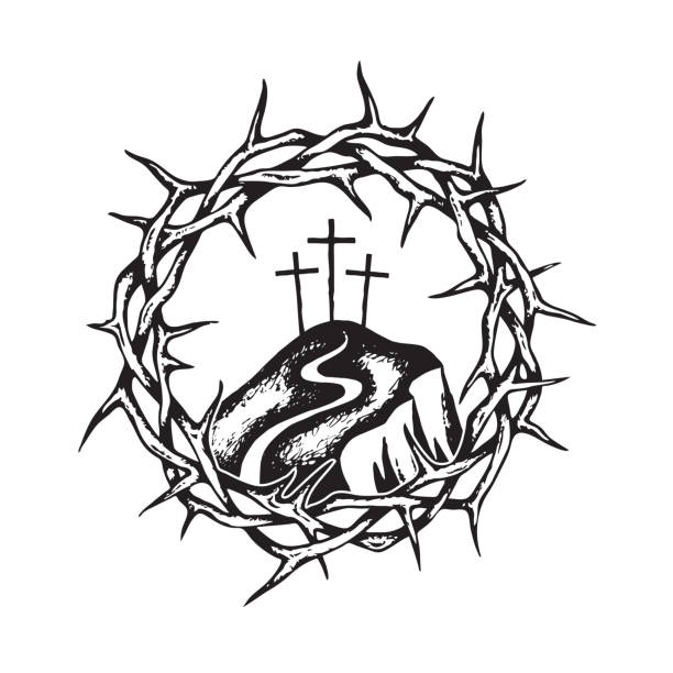 thorn crown icon jesus thorn crown and golgotha isolated on white background nail cross stock illustrations