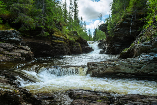 istock Creek in northern Sweden, passing through eroded slate rocks 1305542889