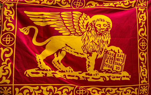 Yellow Maroon St Mark Lion Symbol Venetian Flag Venice Italy  Banner states in English Peace be with thee O' Mark Here thy body will reside