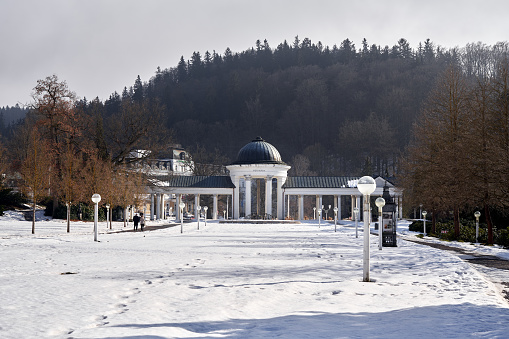 Marianske Lazne, Czech Republic - February 21, 2021: Spa colonnade in winter