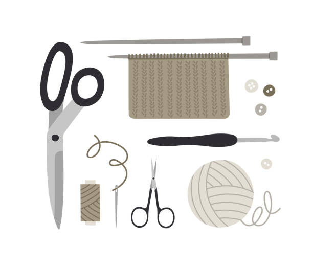 Vector illustration of knitting tools. Vector illustration of knitting tools. Knitting threads, knitting needles, crochet hooks, needles, thread, scissors, knitted fabric, and buttons.  Hand-drawn illustration in flat style isolated on white knitting needle stock illustrations