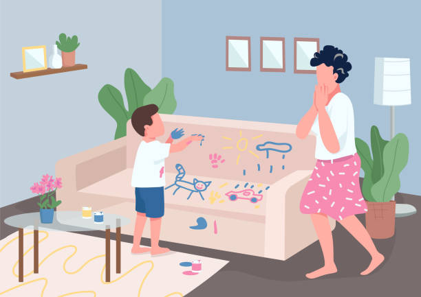 Child mischief flat color vector illustration Child mischief flat color vector illustration. Stressed mother and naughty little son 2D cartoon characters with dirty room on background. Stressful situation, panic. Parenthood problem, bad behaviour child misbehaving stock illustrations