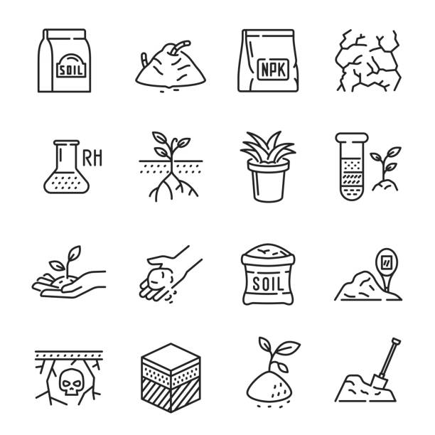 Set soil line icon vector illustration agriculture agronomy eco friendly nature healthy lifestyle Set soil monochrome contour line icon vector illustration. Collection of growing sprouts agriculture agronomy eco friendly nature healthy lifestyle isolated on white. Organic environment cultivation eroded stock illustrations
