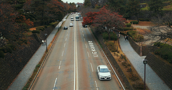 Taken from a higher angle, depicting a road in Japan, surrounded with a beautiful park, shot during autumn.