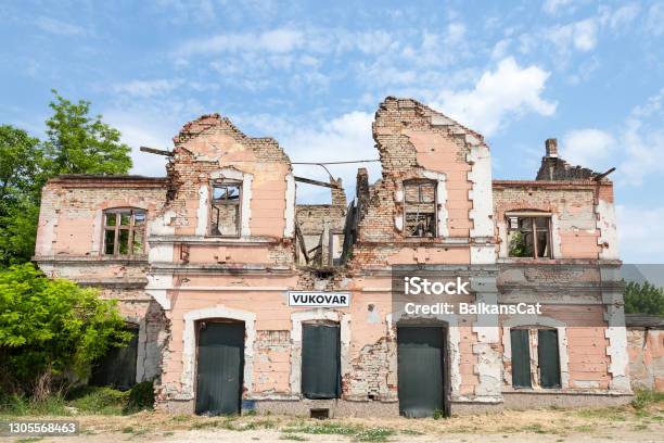 Vukovar Train Station Heavily Ruined And Damaged Following The Serbia Croatia War The City Became One Of The Centers Of The 19911995 Conflict Heavily Destroying Local Infrastructure Due To Shelling And Bullet Shooting Stock Photo - Download Image Now