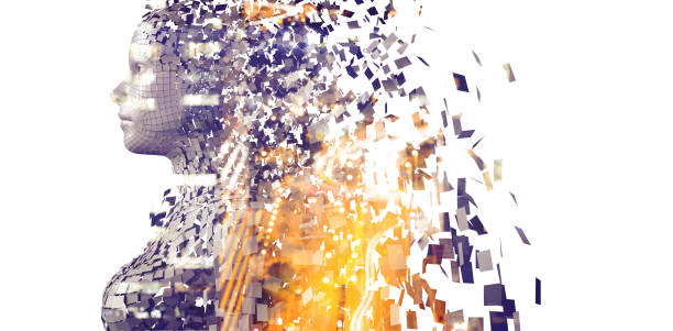 istock Side view of gray pixelated 3d woman 1305573124